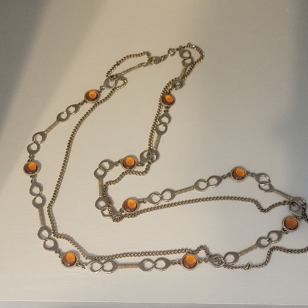 Chic Gold tone and Orange Amber type glass beaded 2 tier Statemrnt Necklace